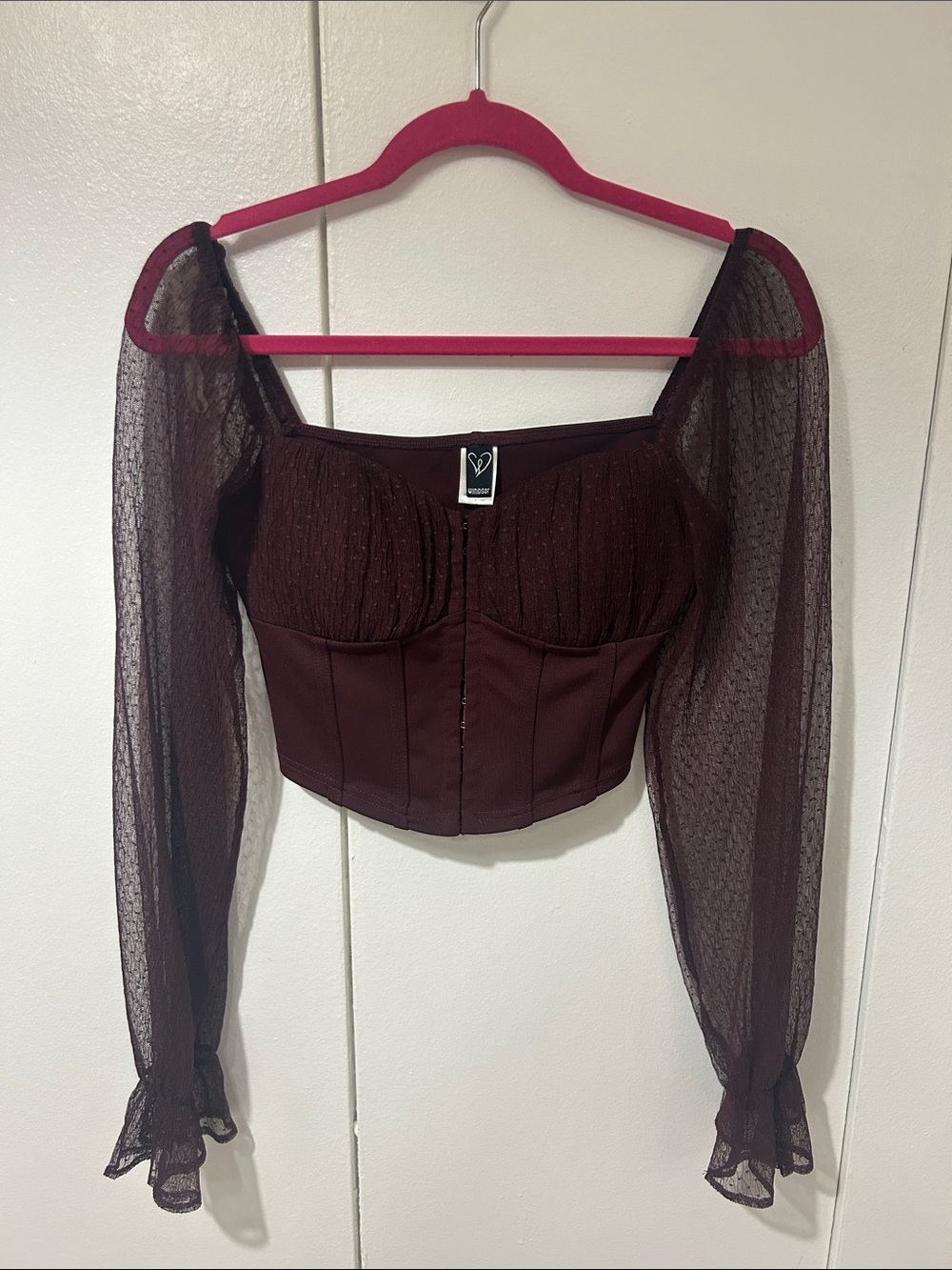 Windsor Burgundy Mesh-Sleeve Corset Top